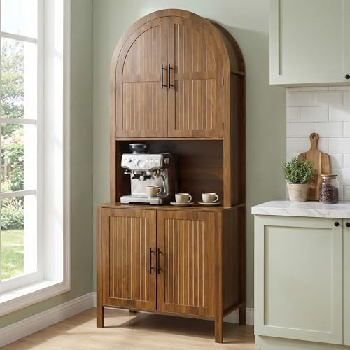 Image of 76 inch Tall Arched Kitchen Pantry,Large Storage Cupboard with Fluted Doors,Microwave Shelf,Modern Wooden Buffet Sideboard,Adjustable Shelves,Cabinet for Dining,Living Room,Walnut