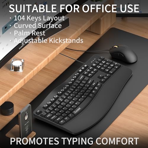 RECCAZR Ergonomic Keyboard, Wired Computer USB Keyboard with Wrist Rest, Spill-Resistant, Wave Keys for Natural Typing, Compatible with Windows/PC/Laptop(Black) - Image 3