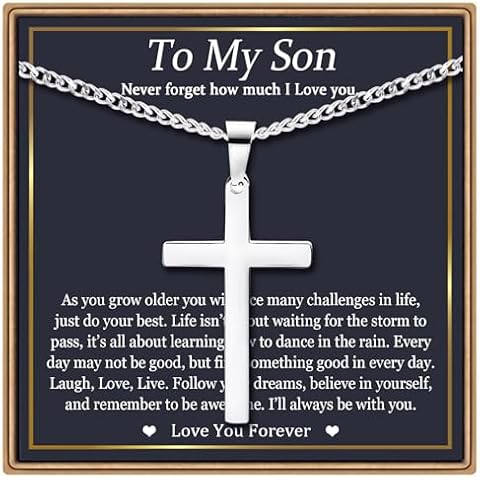EPIRORA Cross Necklace Gifts for Son, Stainless Steel Cross Necklace Cuban Chain Pendant Necklace for Men Birthday Christmas Presents Best Son Gifts From Mom Cover