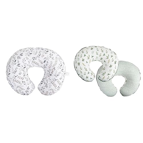 Boppy Almohada de lactancia con soporte original, hojas grises de color gris topo, esenciales de enfermería ergonómicas y funda de almohada de apoyo