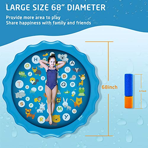 Splash Pad & Sprinkler with 2 Water Guns for Kids Toddlers - 68’’ Outdoor Inflatable Play Water Mat / Swimming Pool for Wading and Learning, Summer Outside Toys for Boys Girls Babies (Blue Wave)