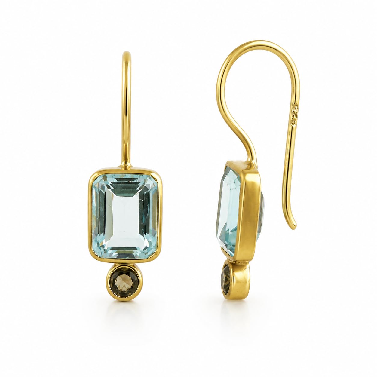 Orecchini Pendenti in Argento Sterling Placcato Oro con Topazio Azzurro Rettangolare e Quarzo Fumé - Design Geometrico e Pietre Naturali