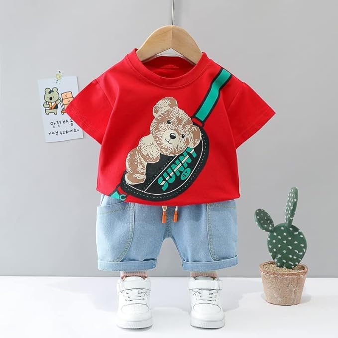 Image of Googo Gaaga Boy's Cotton Printed T-shirt with Denim Shorts Set in Red Color