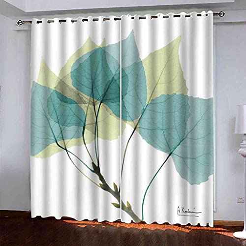 JORILS Rideaux Occultants Isolant Thermique 140x160cm 3D Feuilles Bleues Rideaux à Oeillets Solid Lourd Décoration Cover