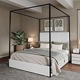 Merax Modern Luxury Queen Metal Canopy Bed with Tall Upholstered Headboard, Gold Four Poster Bed, No Box Spring Needed, White
