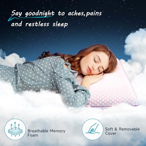 Memory Foam Pillows for Side, Back and Stomach Sleepers, Set of 2, Bed Pillow with Washable Cover and Breathable Mesh, Bed Pillow for Sleeping (Pink,Standard Size)