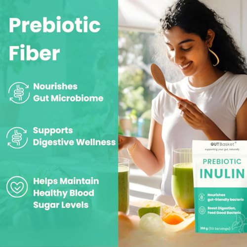 Image of Gutbasket Pure Inulin Powder (150 g) - Prebiotic Fiber for Gut Health & Digestive Wellness - Vegan, Non-GMO, Gluten-Free - Perfect for Smoothies, Coffee, and Baking