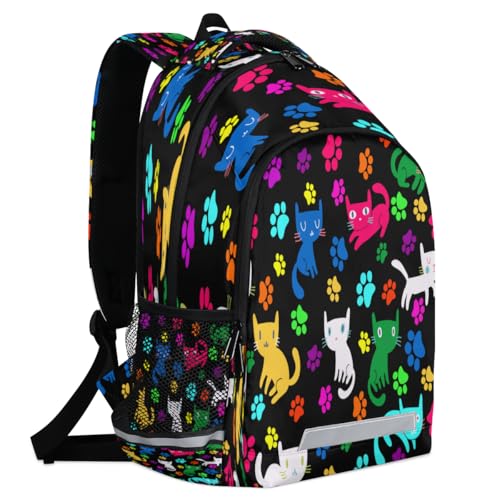 Colorful Cat Paw Print Backpack with Chest Strap Reflective Lightweight Travel Hiking Backpack for Men Women Waterproof Daypack Back Pack for Commute Camping