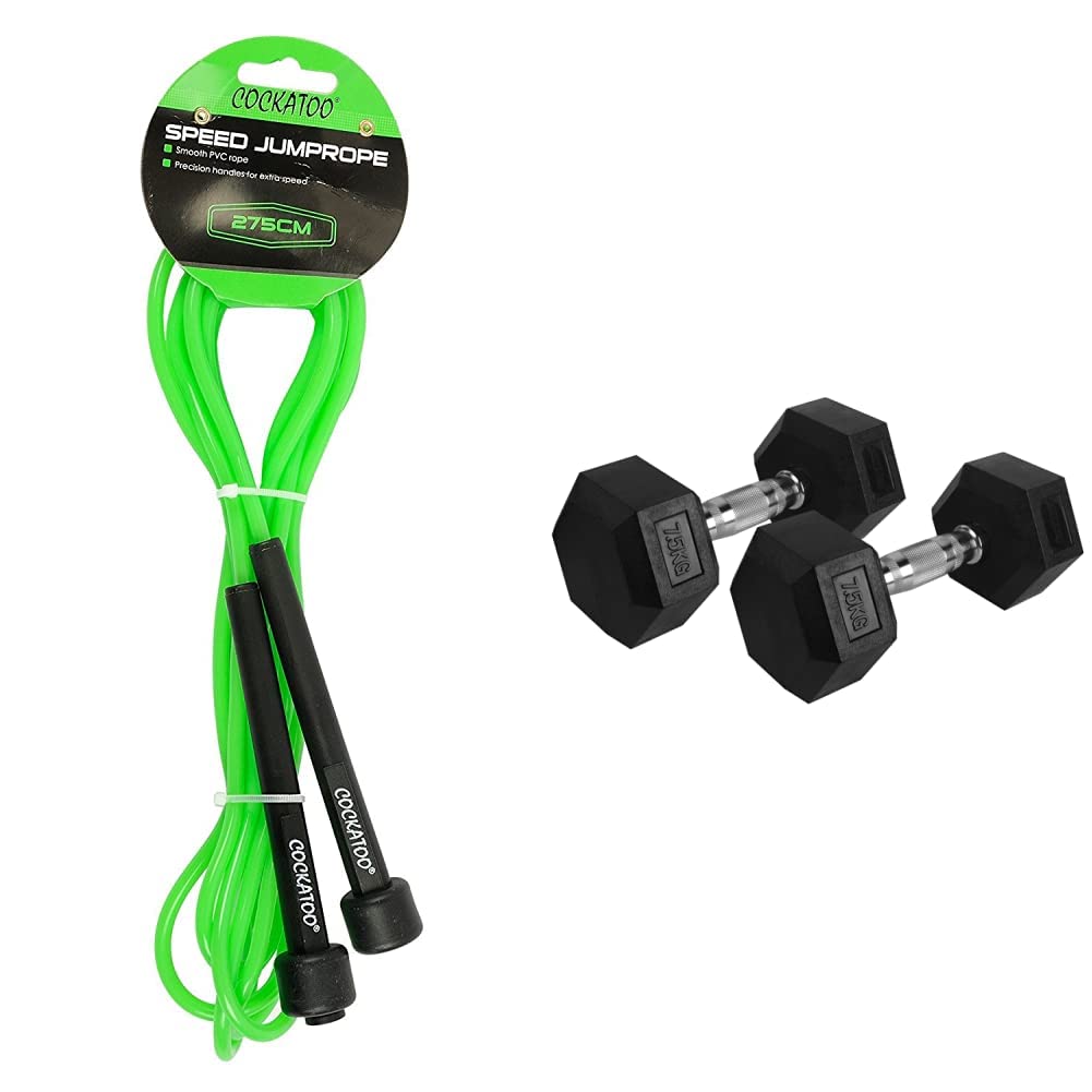 Cockatoo, Skipping Rope; Jump Rope (Green)&Cockatoo Rubber Coated Professional Hex Dumbbells (Pack of Two) ; Hex Dumbbells (7.5 kg(Each)) (B09FM4F8GR) Amazon Price History, Amazon Price Tracker
