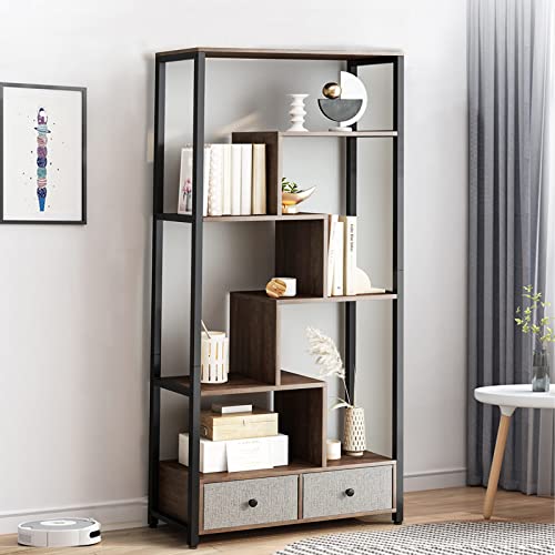 Itusut Bookcase With 2 Drawers, 5 Tier Tall Bookcase Floor Standing Display Shelf For Living Room Bedroom Entryway, Brown,2 Sets #TOP2