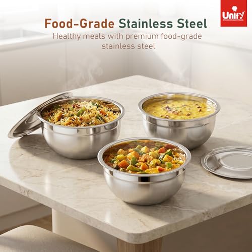 Image of Unify 3 Pieces Stainless Steel Serving Bowl Set with Lid | Mixing Big Bowls | Matt Finish, Kitchen Prep, Salad, Fruit, Desert & Storage Containers | Bowl Set for Kitchen & Dining Use (Solara Design)