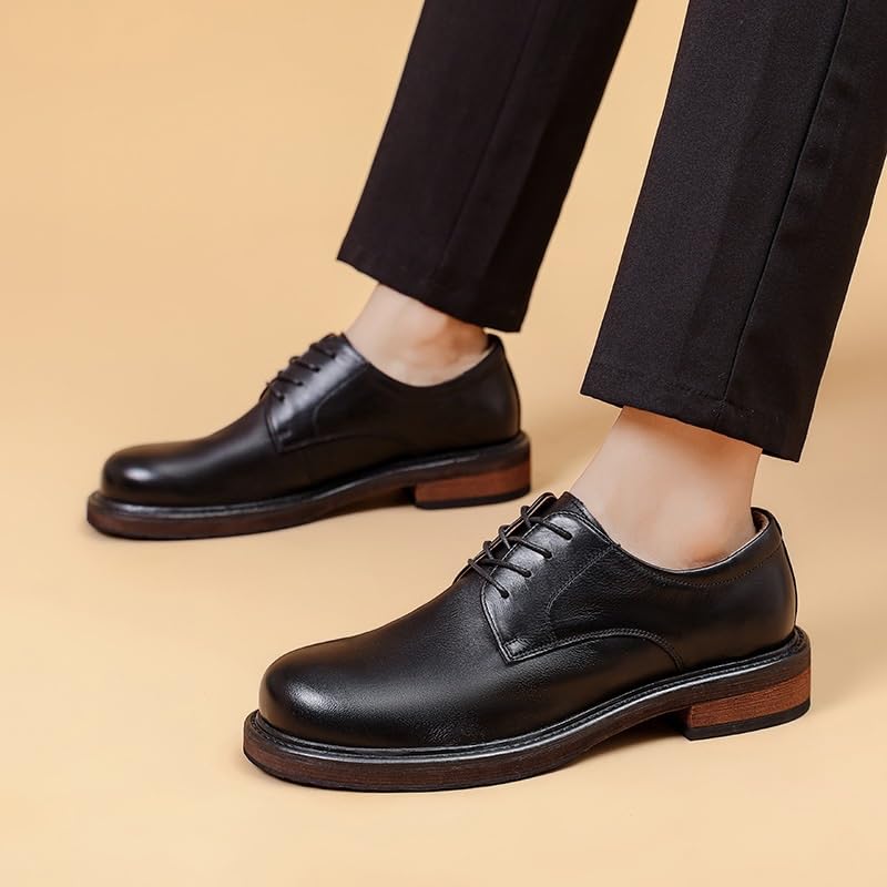 Dress Oxford for Men Lace Up Round Toe Genuine Leather Derby Shoes Block Heel Slip Resistant Rubber Sole Classic3