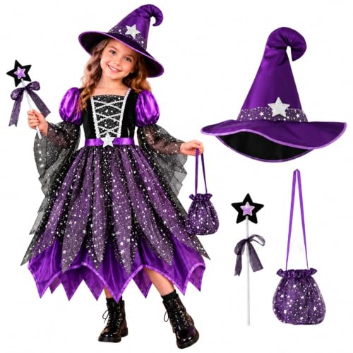 4 Piece Halloween Witch Dresses Set for Kids Girls Cute Dress Up Outfit