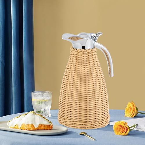 Jarra de café térmica de acero inoxidable, doble pared aislada al vacío con cuerpo de ratán hecho a mano, mantiene los líquidos calientes durante 24 horas