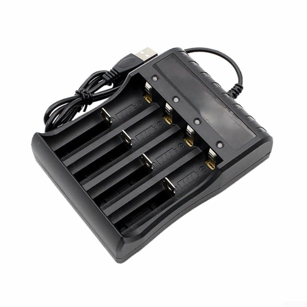 BEYOEE Rechargeable Batteries with Charger for 14500 18500 26650 3.7V Lithium Batteries Single Dual Slot with Telescopic Spring Intelligent IC for PROTECTION ABS Housing LED Indicator,Four slots