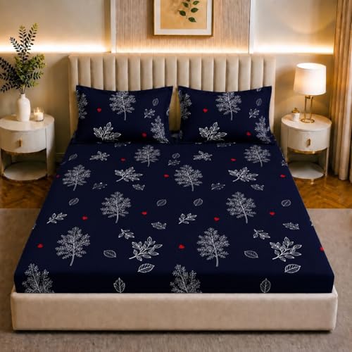 Image of Castiqa Elastic Fitted Supersoft Premium Polycotton 200TC King Size Bedsheet with 2 Pillow Covers (Fits up to 8 Inches Mattress) (Navy Tree, 72x78x8 Inch)
