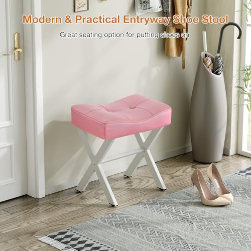 Image of Memobarco 18-Inch Leather Vanity Stool Chair, Vanity Bench with Metal X-Leg, Ottoman Accent Stool with Thick Padded Saddle Seat, Pink