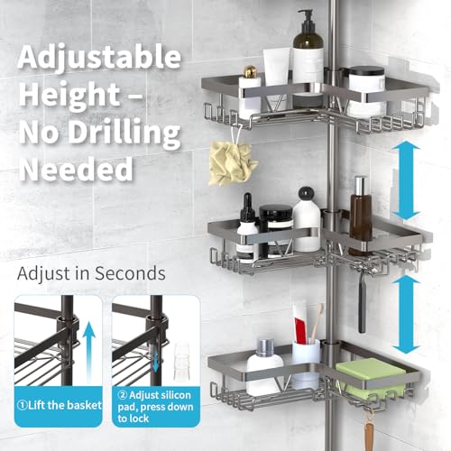 Image of KEGII Corner Shower Caddy Tension Pole with Soap Dish & Razor Holder, Adjustable Bathroom Organizer with Hooks, 25-114.2 Inch Rustproof Storage Shelf for Renters & Apartments, Gunmetal Gray