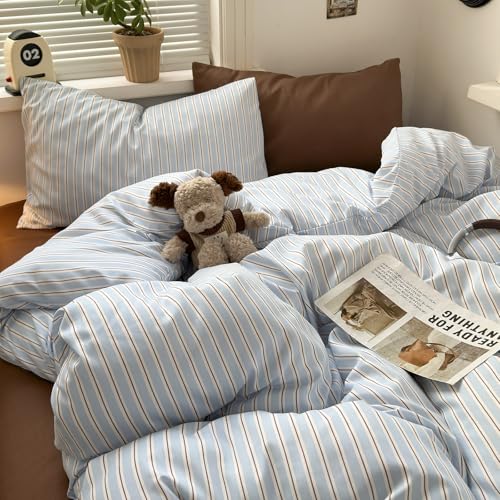 Image of EAVD Retro Striped Duvet Cover Full Light Blue&Brown Washed Microfiber | 3-Piece Vertical Striped Bedding Set, Soft Breathable, 1 Duvet Cover with 2 Pillowcases, Fresh Aesthetic, Zipper Corner Ties