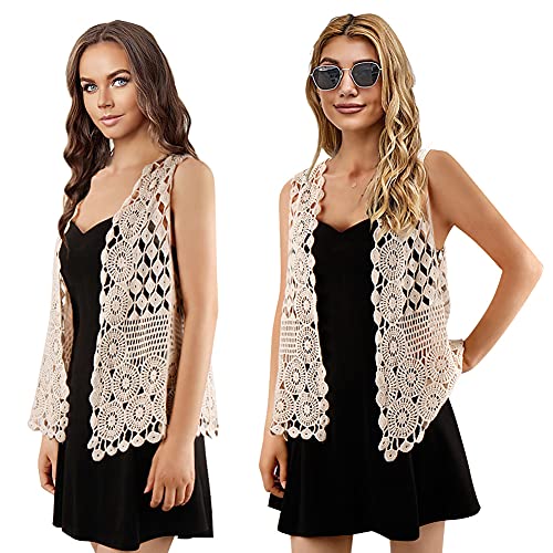 Image of Womens Floral Crochet Lace Boho Trim Sleeveless Open Front Vest Cardigan