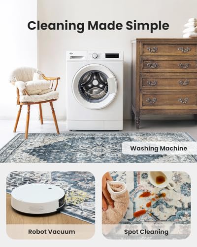 AMADA HOMEFURNISHING 8x10 Washable Area Rug, Low-Profile Large Area Rug with Non-Slip Backing & Durable Edge Binding, Vintage Large Rugs for Living Room, Bedroom, Dinning Room