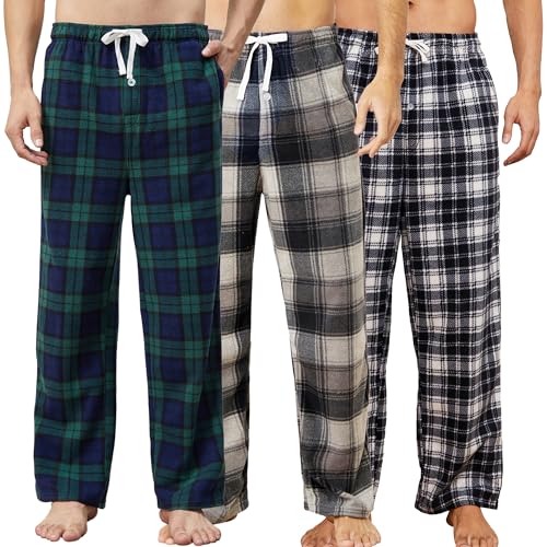 U2SKIIN 3 Pack Mens Fleece Pajama Pants, Warm Plaid Lounge Pj Bottoms for Men with Pockets Soft