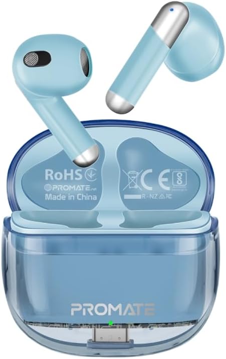 Promate Earbuds, In-Ear True Wireless Bluetooth v5.3 Earphones, Transparent Case, 26-hour Playback Time, Intelligent Touch Controls, 350mAh Battery Capacity for iPhone 16,Galaxy S24, RANSPODS (Blue)