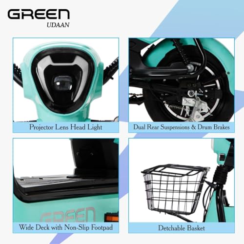 Image of Green Udaan Low Speed Electric Scooter Non RTO 80KM Range Lithium Battery with Portable Charger (Green)