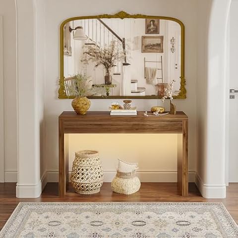 TIQLAB Console Table, 43.3 Inches Sofa Table with Light, Narrow Entryway Table, Entryway Hall Table for Living Room, Bedroom, Black Walnut Cover