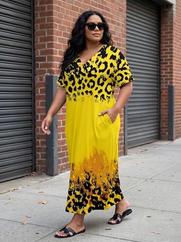Image of Plus Size Maxi Dress for Women Short Sleeve V Neck Casual Loose Sundress with Pockets