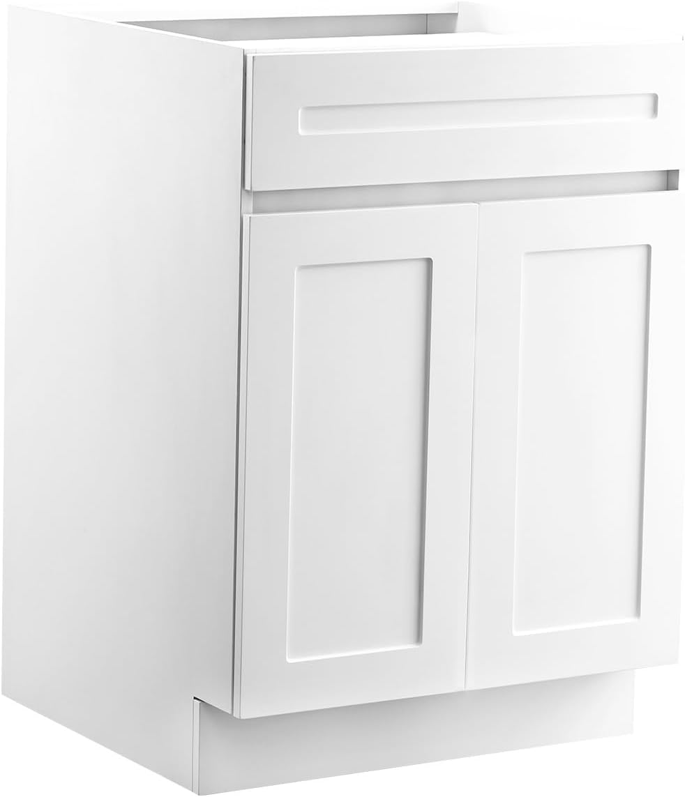 VEVOR White Shaker Base Cabinet with Drawer, 24-Inch Unassembled Drawer Base Cabinet, 24" W x 24" D x 34.5" H Ready to Assemble Cabinet with Soft-Close Doors and Adjustable Shelf, for Home Office