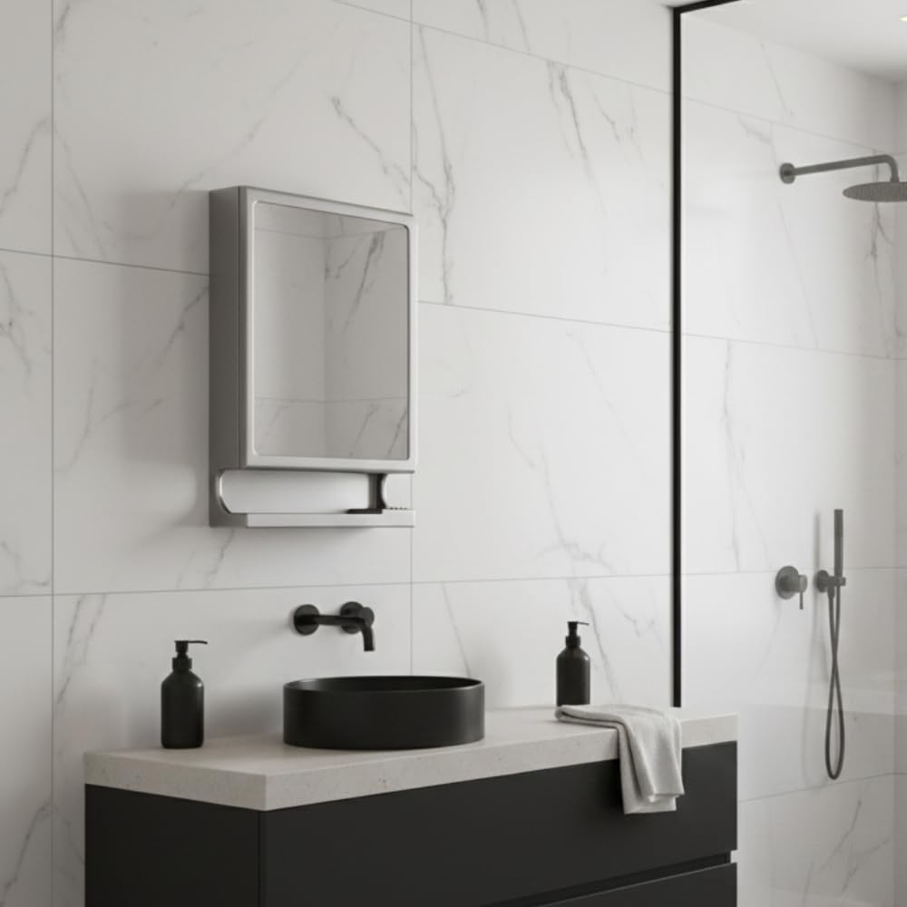 CIPLA PLAST New Look Plastic Multipurpose Cabinet | Storage Organiser | Strong Plastic Bathroom Shelves Wall Mounted | Bathroom Accessories| Mirror Cabinet-(Made in India) (Metallic Grey) 1