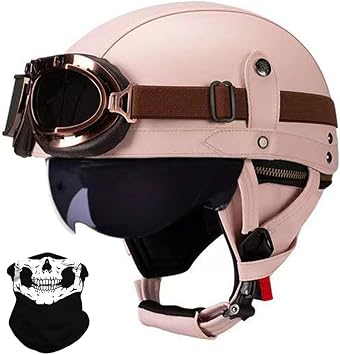 German Style Motorcycle Helmet, DOT Approved Motorcycle Vintage Open Face Helmet for Adult Men Women, Retro Half Helmet with Goggles, for Cruiser Chopper Scooter Moped