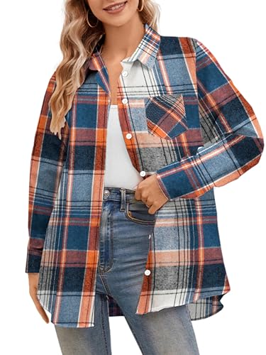SANGTREE Women's Plaid Shirts, Casual Button Down Long Sleeve Classic Flannel Shirt Tops Orange Blue Plaid, Medium