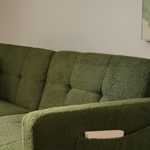 Merax Sofa Bed 2 Seater, 3-Gear Back Angle Adjustable Foldable Futon Sofa Couch, Convertible Sofabed Settee with 2 Bolster Pillows, Side Pockets, for Living Room/Guest Room, Green/Sherpa - Image 8