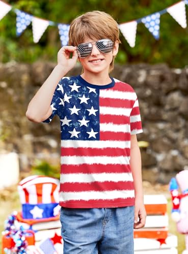 Image of BesserBay Unisex Kids 4th of July American Flag Tee Tie Dye Patriotic Short Sleeve Shirt 6-14 Years