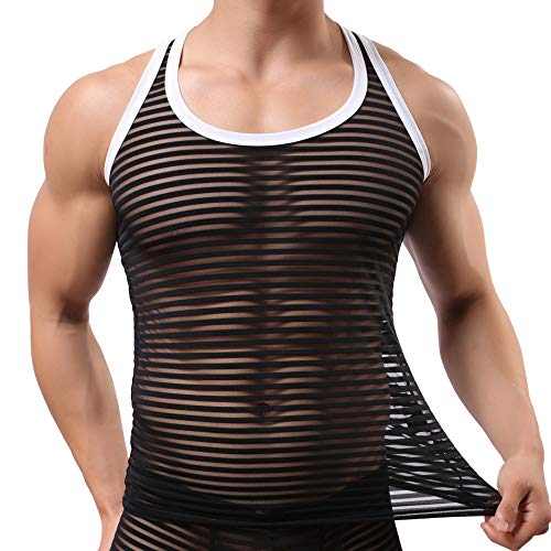 Men's Soft Mesh Striped Tank Tops Sleeveless Fitness Undershirt Vest