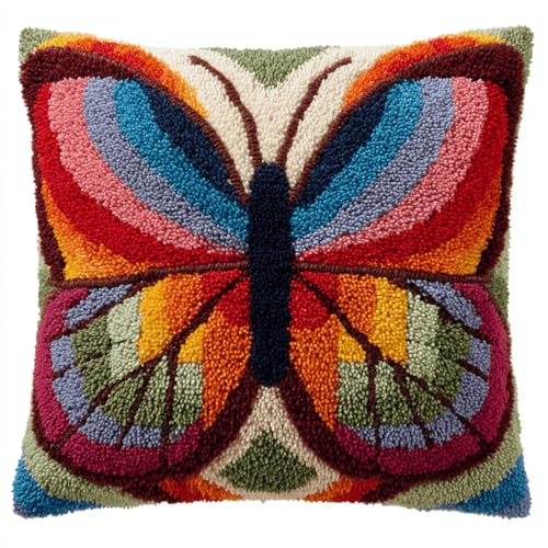 Juego de cojines de nudos para relajarse, kit de cojín de gancho para atar sin estrés, completo con instrucciones y herramientas, para niños y adultos, principiantes, 43 x 43 cm, hermosa mariposa