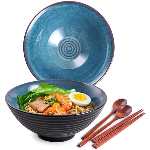 HOKELER Ceramic Bowl Set, 2 with Spoons and Chopsticks (Starry Blue, 8 inches)