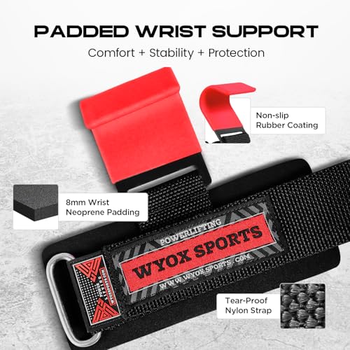 Image of WYOX Weight Lifting Hooks for Men & Women - Heavy Duty Gym Hooks with 8mm Padded Wrist Support Grips to Lift Heavier, Reduce Grip Fatigue & Improve Performance for Deadlifts, Pull Ups & Rows, Pair of 2