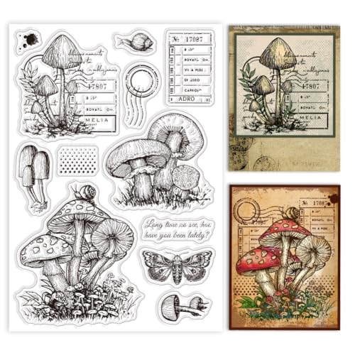 GLOBLELAND Mushroom Text Clear Stamps for DIY Scrapbooking Realistic Moth Snail Silicone Stamp Seals Transparent Stamp for Cards Making Photo Album Journal Decoration 6.3×4.33inch
