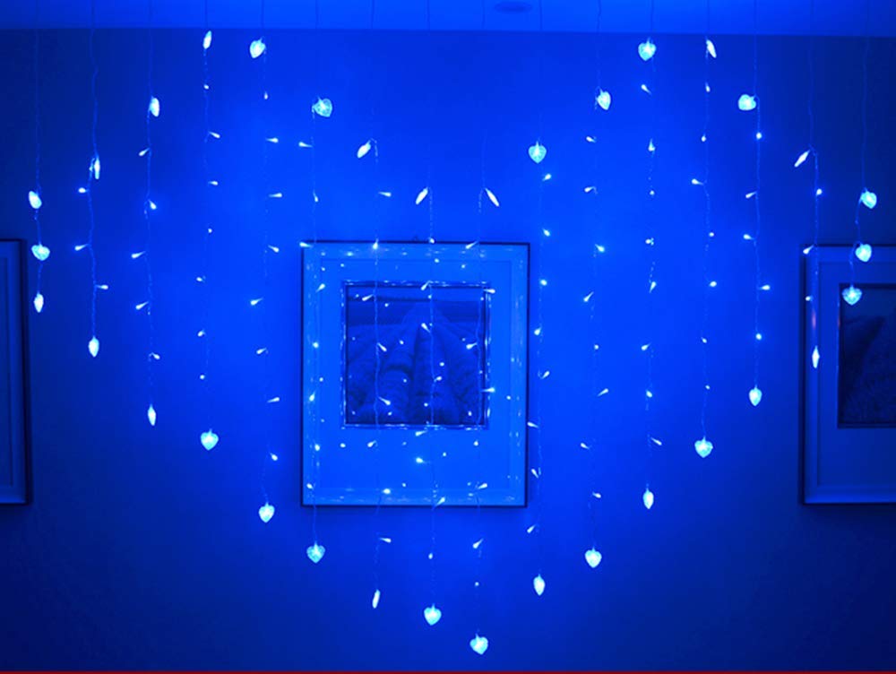 LED Rideau Lumière, 2m x 1.5m 128LED Éclairage de Rideau de Papillon de Coeur avec Batterie de Télécommande (Heart, Bleu)