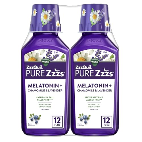 ZzzQuil Pure Zzzs Melatonin Liquid, Sleep Aid, Liquid Melatonin 2mg, with Chamomile & Lavender, Fall Asleep Fast, Melatonin Sleep Aids for Adults, Berry Flavored, 2 Pack, 24 FL OZ