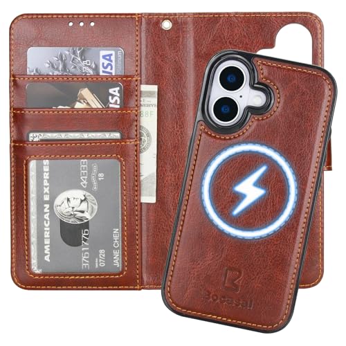 Bocasal for iPhone 17 Wallet Case Compatible with MagSafe Wireless Charging, RFID Blocking Magnetic Leather Case with Card Slots Holder Kickstand Detachable Wrist Strap 6.3 Inch (Brown)