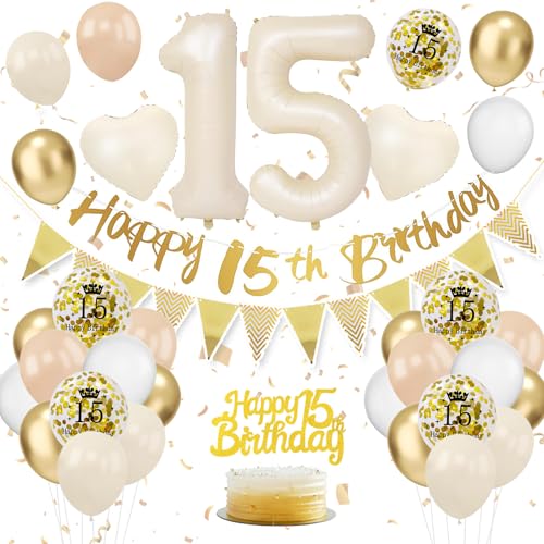 Decoración Cumpleaños 15 Años Beige, Globo Aluminio, Pancartas y Globos para Chicos y Chicas