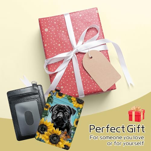Image of Small Travel Wallets, Sunflower Pug Slim Minimalist Front Pocket Wallet with Wristlet, RFID Blocking PU Leather Credit Card Holder with ID Window Change Purse for Men Women