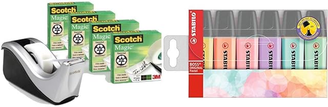 Scotch FT510110610 C60 Desk Tape Dispenser - Silver - with 4 Rolls of Scotch Magic Tape - 19 mm x 33 m &Highlighter - STABILO BOSS ORIGINAL Pastel Wallet of 6 Assorted Colours