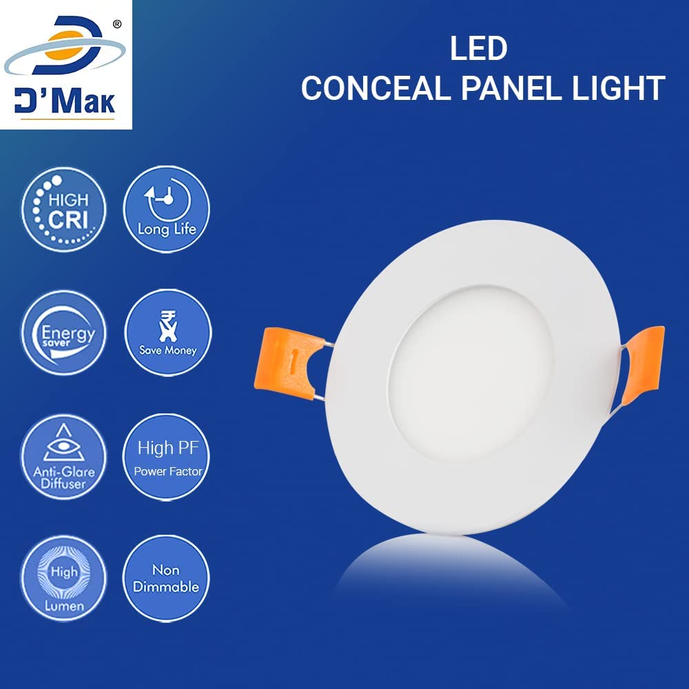 D'Mak 4 Watt Round LED Conceal Panel Light for POP & False Ceiling - Warm White (Pack of 2) 2