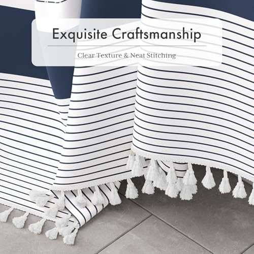 Image of AmazerBath Boho Shower Curtain Set, Rustic Faux Linen Navy Blue Striped Shower Curtain with Hooks, Modern Farmhouse Shower Curtain with Tassels, White Base Toned, 72x72 Inches