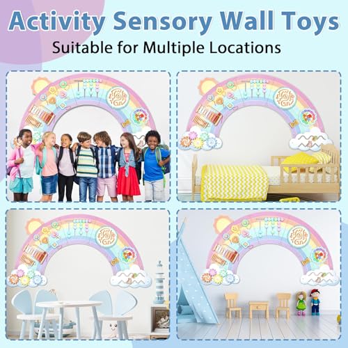 Image of 5FT Large Pastel Rainbow Wooden Activity Wall Panel for Toddler Educational Montessori Toy for Kids Interactive Sensory Toys Sensory Activity Busy Board Daycare Learning Center Toddler Room Decor